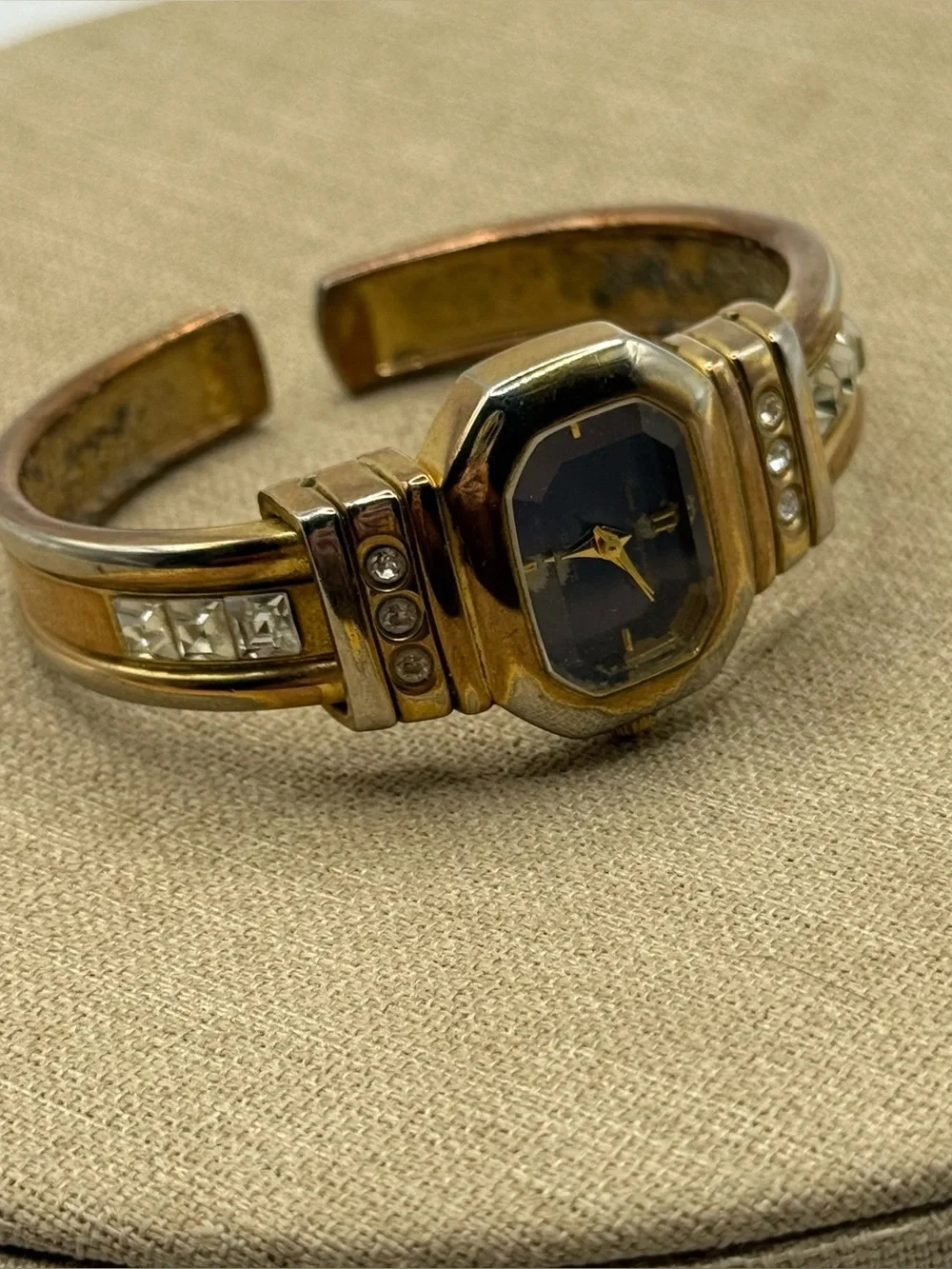 Pierre Jacquard Gold Tone Cuff Watch Rhinestones Metal Band Blue Octagon Dial